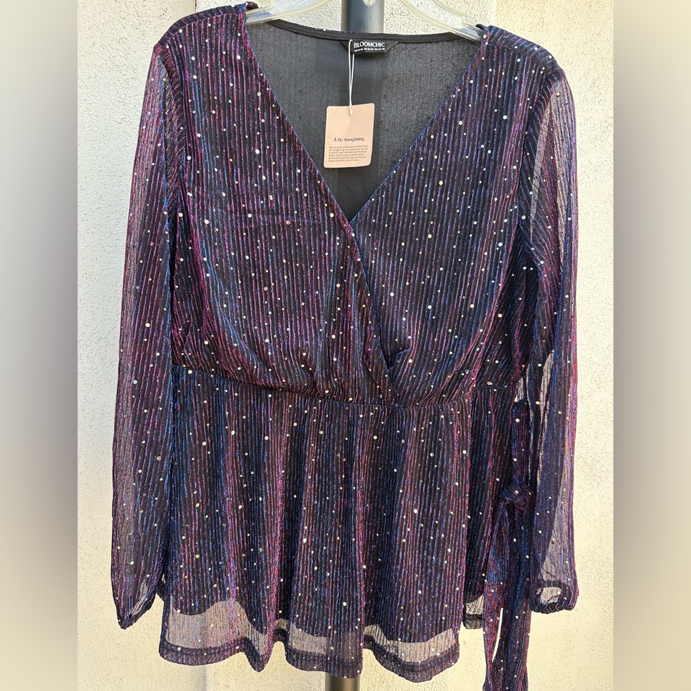 BloomChic Shimmery Multi-Spot Purple Wrap Peplum Top